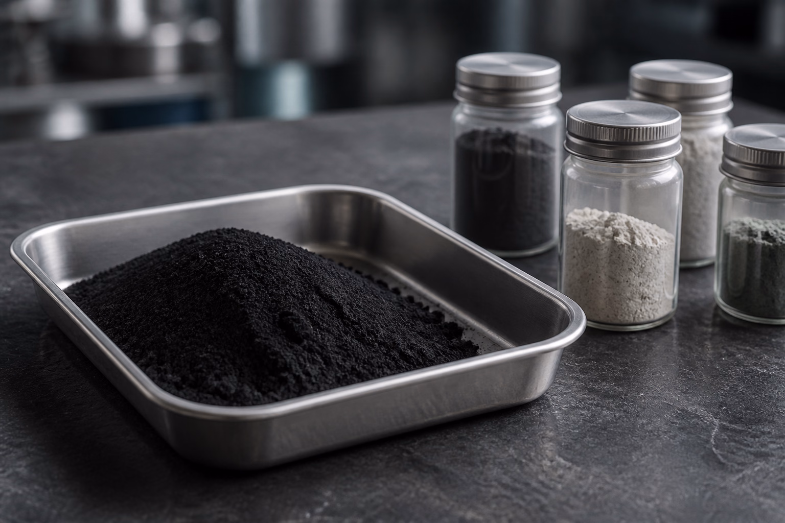 A sample tray of black mass beside sealed recovered-material samples
