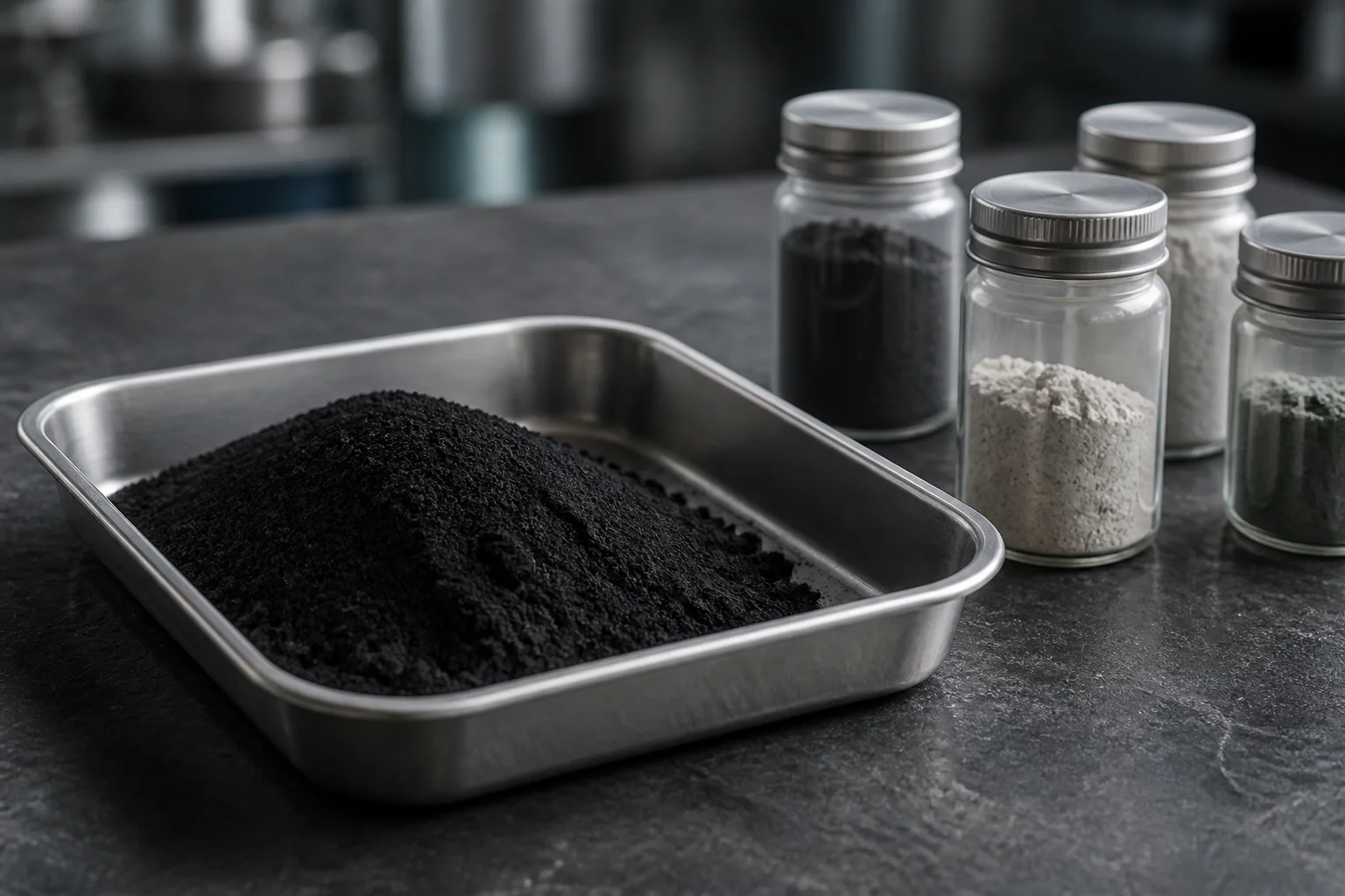 Black mass in a metal sample tray with sealed material samples