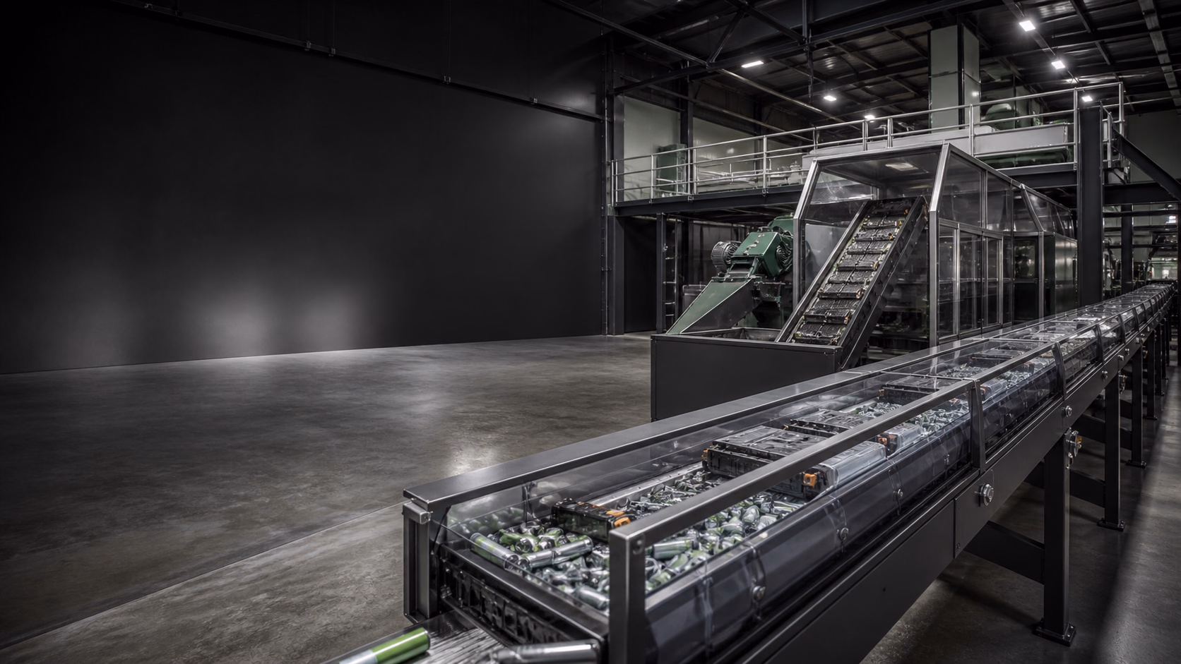 Enclosed conveyors inside a modern battery material pre-processing facility